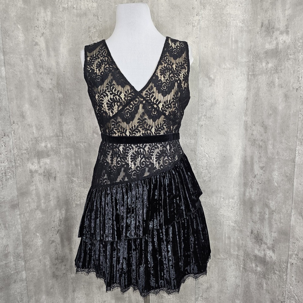 Foxiedox Aurora Black Lace Sleeveless Asym Lace Pleated Velvet Cocktail Dress